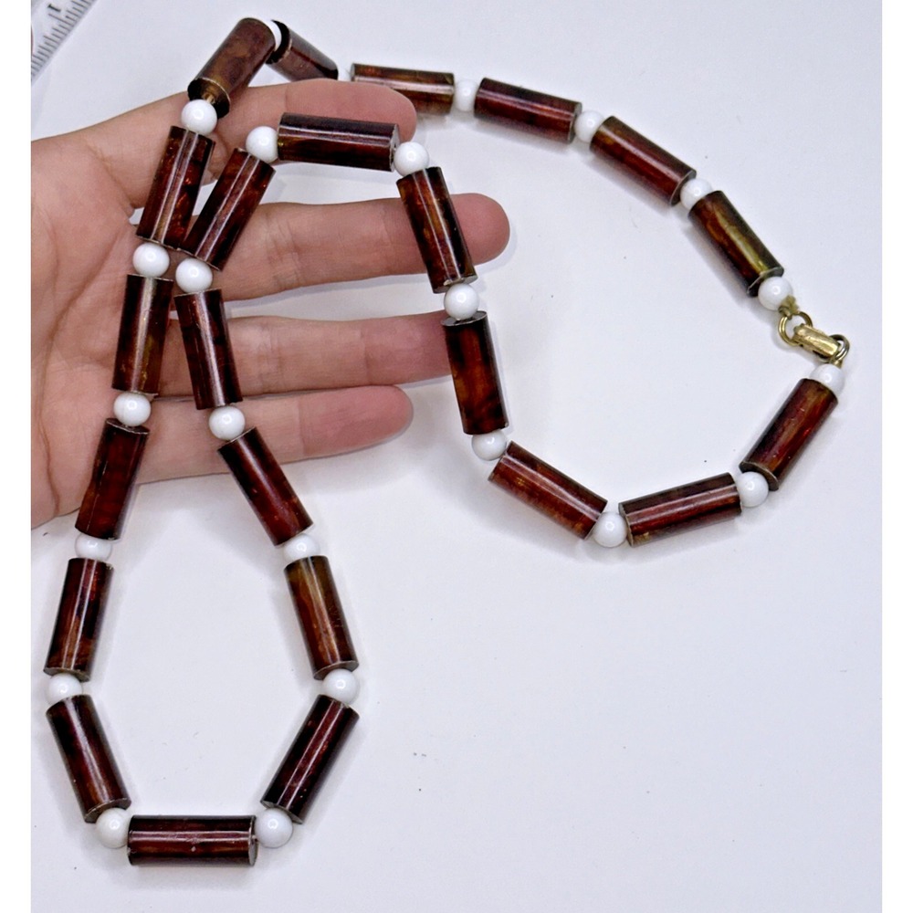Necklace Tortoise Shell Barrel White Round Beads Resin Hong Kong 28" VTG
